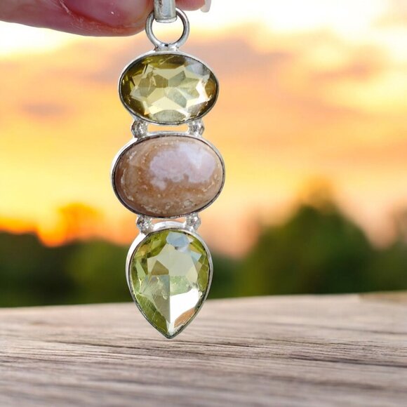 Peach Calcite, Peridot & Yellow/Golden Topaz Gemstones Sterling Silver Pendant - Picture 1 of 11